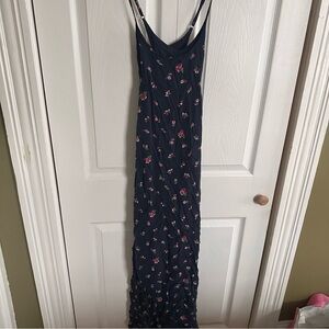 Abercrombie & Fitch micro floral maxi dress floor length navy blue crisscross